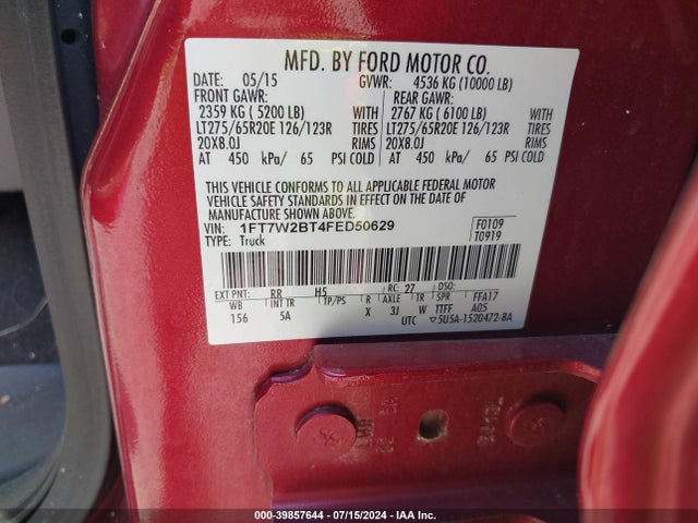 Ford F-250 Lariat 2015 1FT7W2BT4FED50629 Image 9