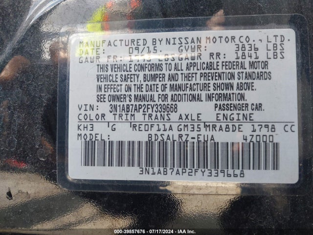 Nissan SENTRA SR 2015 3N1AB7AP2FY339668 Image 9