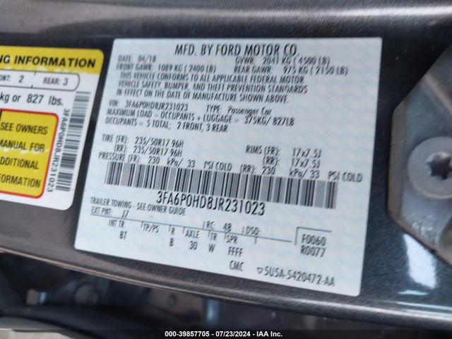Ford FUSION SE 2018 3FA6P0HD8JR231023 Image 9