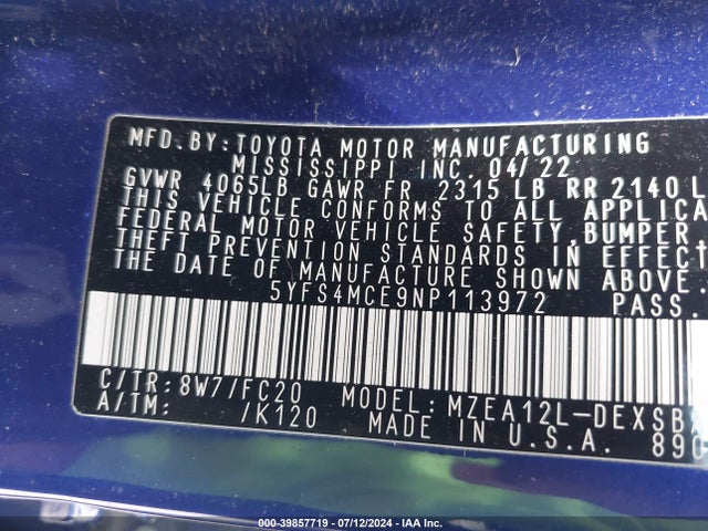 Toyota COROLLA SE 2022 5YFS4MCE9NP113972 Image 9