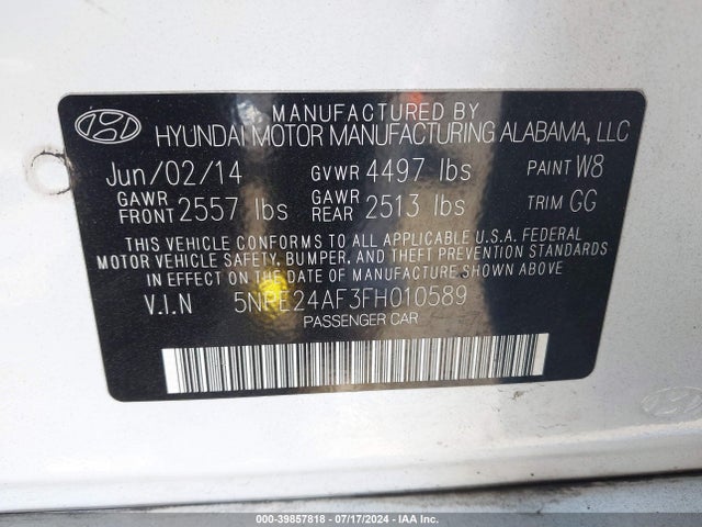 Hyundai SONATA SE 2015 5NPE24AF3FH010589 Image 9