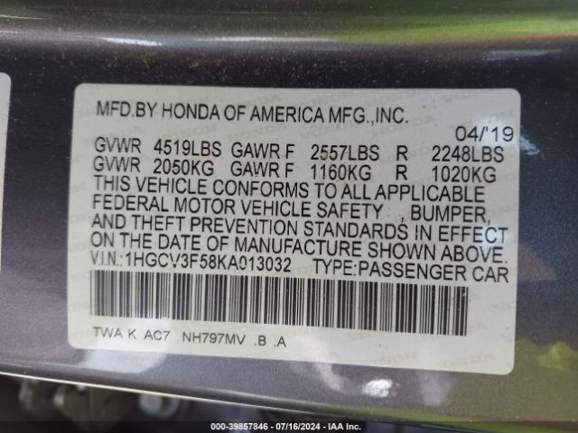 1HGCV3F58KA013032 Honda Accord Hybrid Ex-l