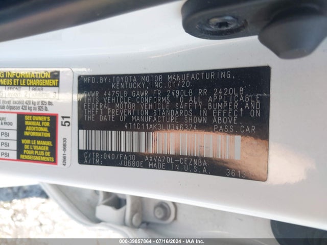 Toyota CAMRY LE 2020 4T1C11AK3LU346374 Image 9