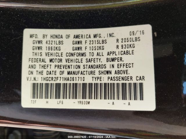 1HGCR2F71HA061710 Honda ACCORD EX