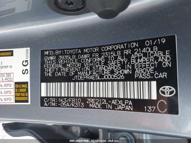 Toyota COROLLA LE 2020 JTDEPRAE5LJ000526 Image 9