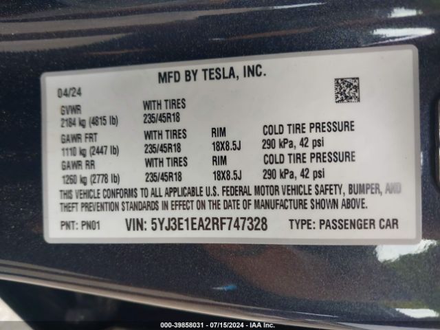 5YJ3E1EA2RF747328 Tesla Model 3 Rear-wheel Drive