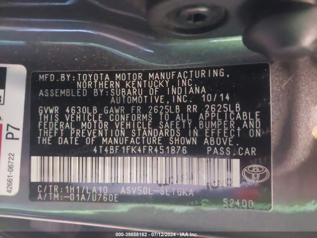 4T4BF1FK4FR451876 Toyota CAMRY XLE