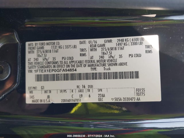 Aukcja sprzedaży 2016 Ford F-150 Xlt, vin: 1FTEX1EP0GFA94854, numer aukcji: 39858230