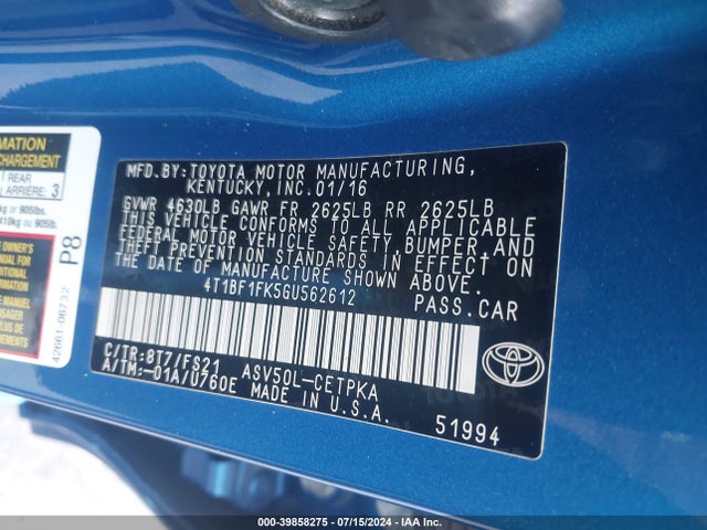 Toyota CAMRY SE 2016 4T1BF1FK5GU562612 Image 9