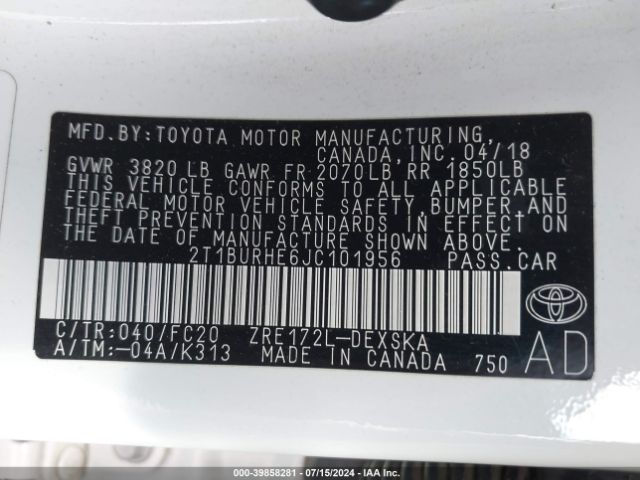 2T1BURHE6JC101956 Toyota COROLLA SE