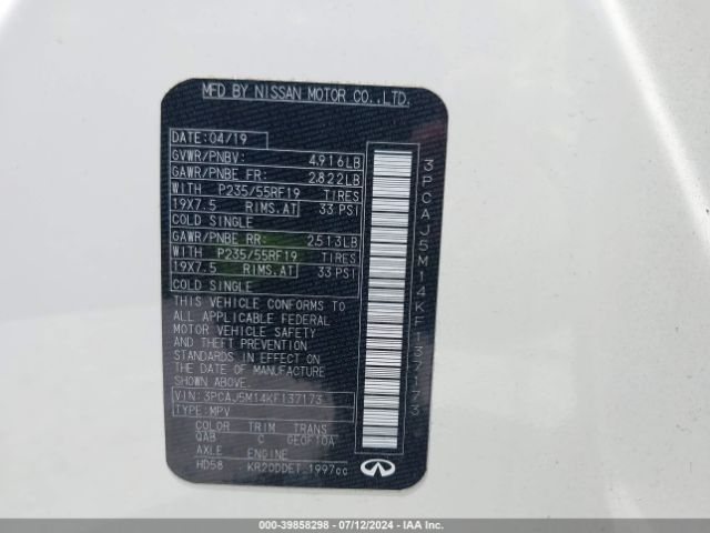 3PCAJ5M14KF137173 Infiniti Qx50 Luxe