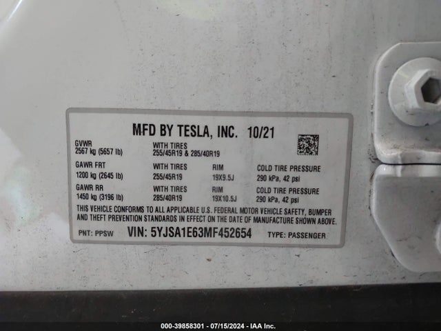 5YJSA1E63MF452654 Tesla Model S Plaid Tri Motor All-wheel Drive