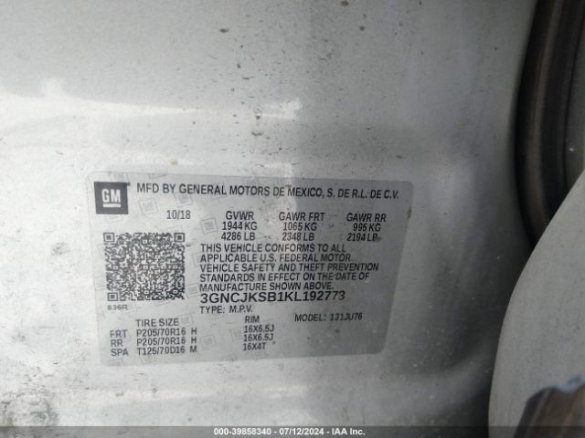 3GNCJKSB1KL192773 Chevrolet TRAX LS