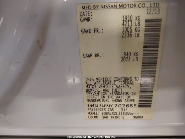 1N4AL3AP8EC202685 Nissan Altima 2.5/2.5 S/2.5 Sl/2.5 Sv