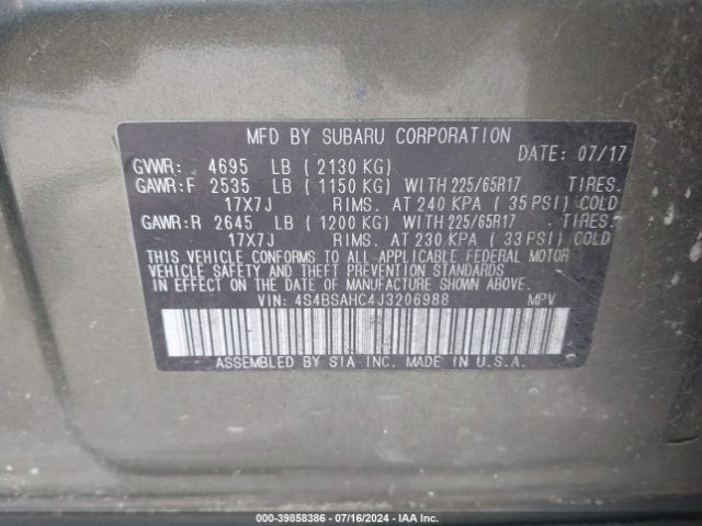 4S4BSAHC4J3206988 Subaru Outback 2.5i Premium