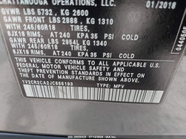 1V2CR2CA2JC555193 Volkswagen Atlas 3.6l V6 Se
