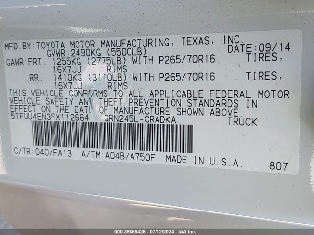 Toyota Tacoma Base V6 2015 5TFUU4EN3FX112664 Image 9