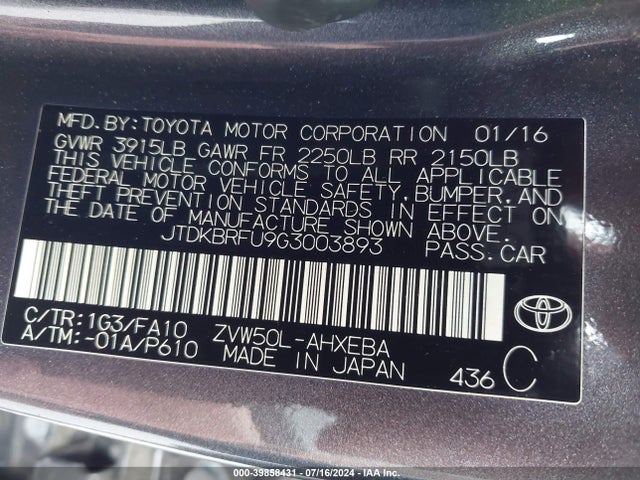 Toyota Prius Two 2016 JTDKBRFU9G3003893 Image 9