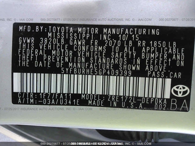 Toyota COROLLA L 2016 5YFBURHE5GP409399 Image 9