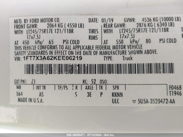 Ford F-350 Xl 2019 1FT7X3A62KEE06219 Image 9