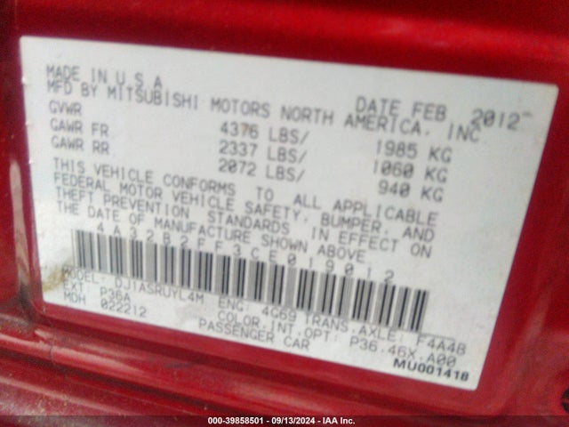 2012 MITSUBISHI GALANT 4A32B2FF3CE019012 Photo 8