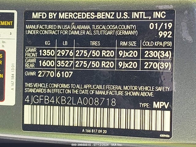 4JGFB4KB2LA008718 Mercedes-Benz Gle 350 4matic