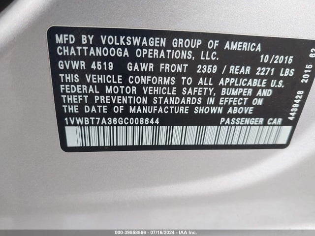 1VWBT7A36GC008644 Volkswagen Passat 1.8t Se