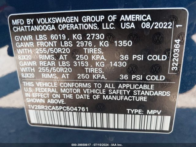 1V2BR2CA5PC504761 Volkswagen Atlas 3.6l V6 Sel