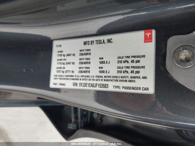 5YJ3E1EA0JF153583 Tesla Model 3 Long Range/mid Range