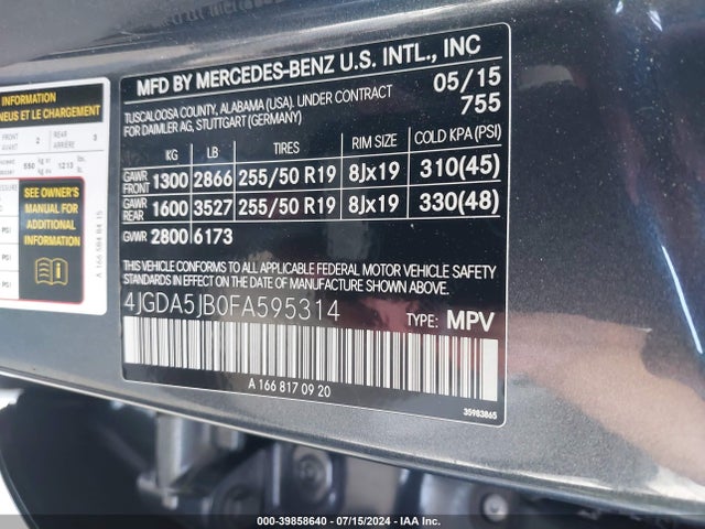 4JGDA5JB0FA595314 Mercedes-Benz ML 350