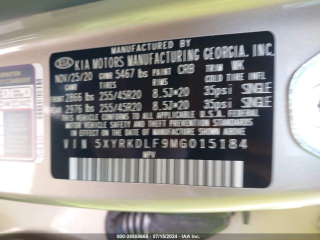 5XYRKDLF9MG015184 KIA Sorento Sx Prestige