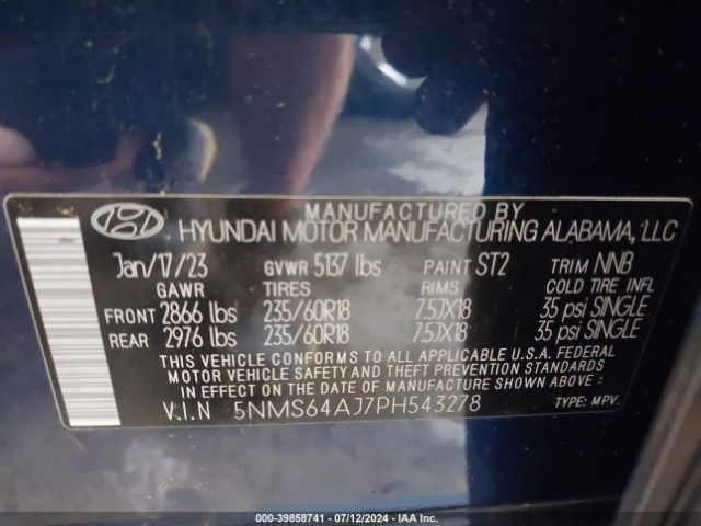 5NMS64AJ7PH543278 Hyundai Santa Fe Xrt