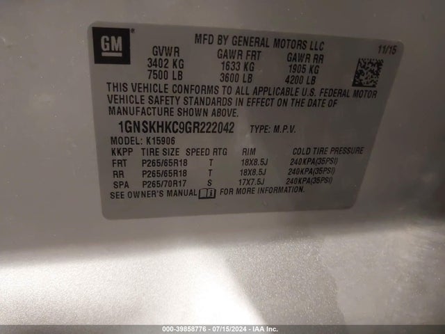 Chevrolet Suburban Lt 2016 1GNSKHKC9GR222042 Image 9