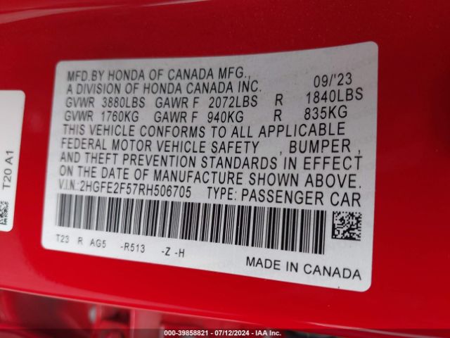 2HGFE2F57RH506705 Honda Civic Sport