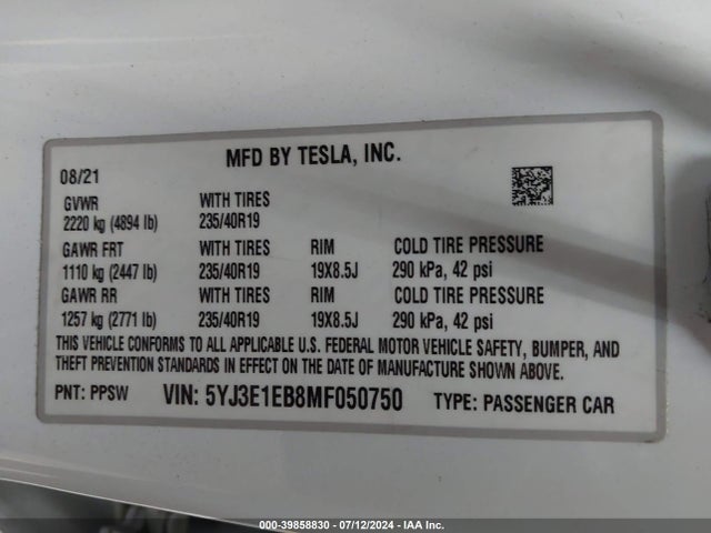 Tesla MODEL 3 2021 5YJ3E1EB8MF050750 Image 27