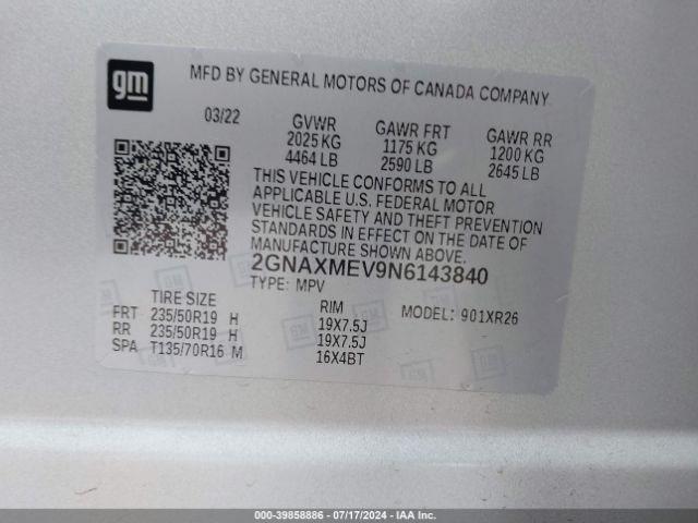 2GNAXMEV9N6143840 Chevrolet Equinox Fwd Rs