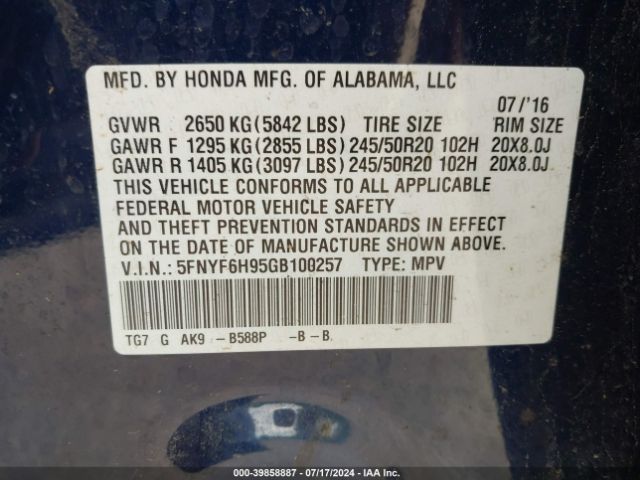 5FNYF6H95GB100257 Honda Pilot Touring