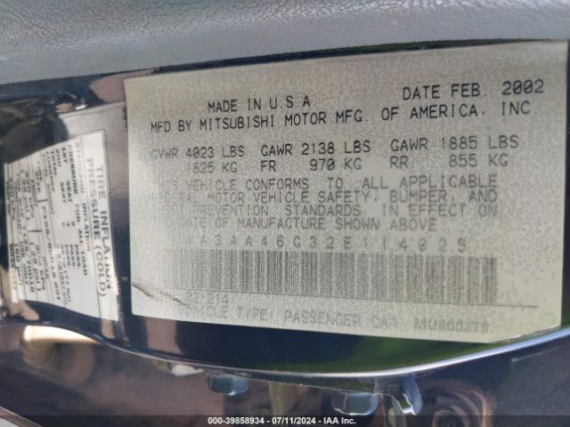 2002 MITSUBISHI GALANT 4A3AA46G32E114025 Photo 8