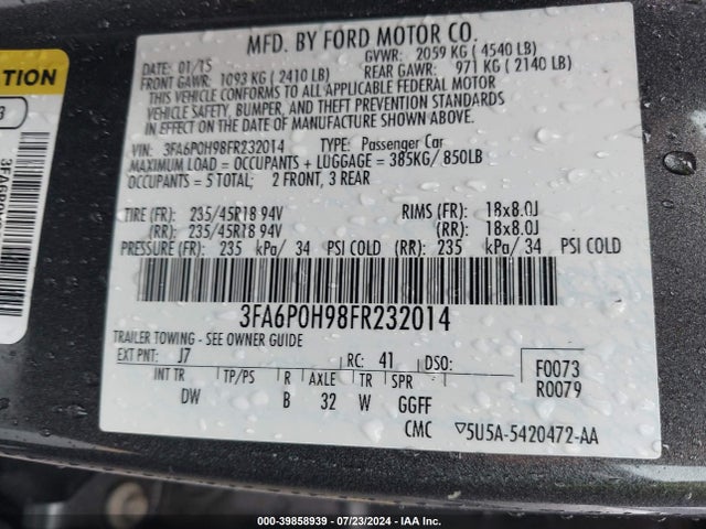 Ford FUSION SE 2015 3FA6P0H98FR232014 Image 9