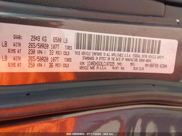 1C4RDHDG3LC107225 Dodge Durango Gt Rwd