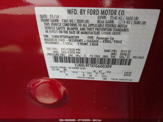 1LNHL9FTXFG600309 Lincoln Mks Ecoboost