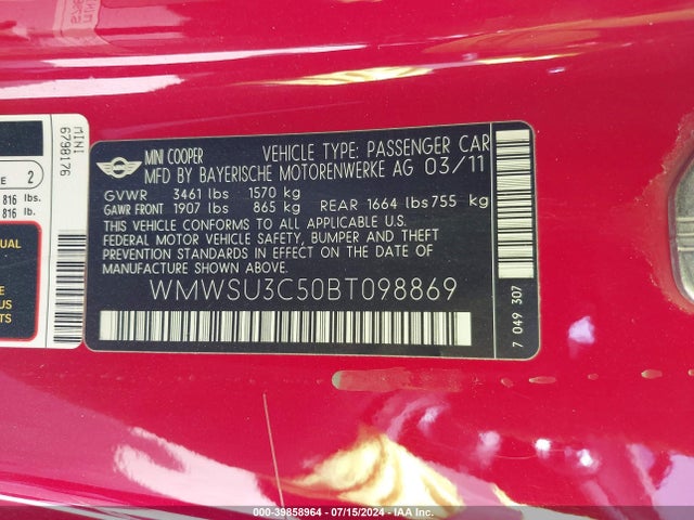 2011 MINI COOPER WMWSU3C50BT098869 Photo 8