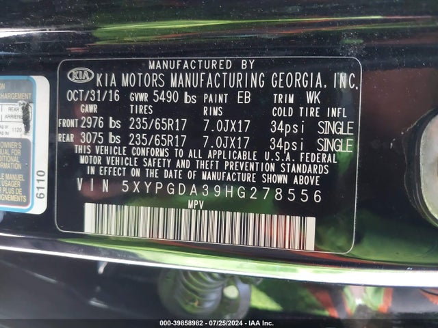 KIA Sorento 2.4l Lx 2017 5XYPGDA39HG278556 Image 9