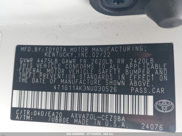 Toyota CAMRY SE 2022 4T1G11AK3NU030526 Image 9