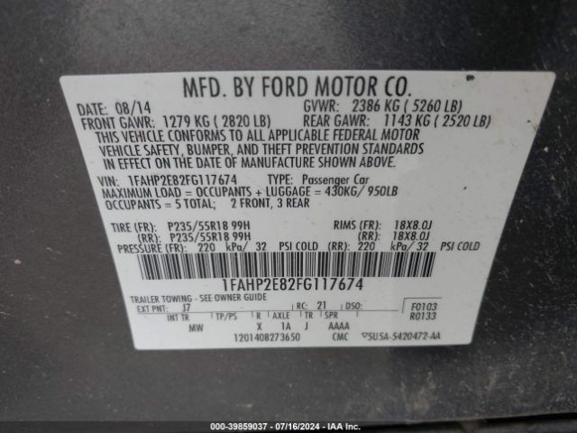 1FAHP2E82FG117674 Ford TAURUS SEL