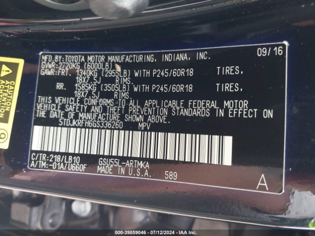5TDJKRFH6GS336260 Toyota Highlander Xle V6