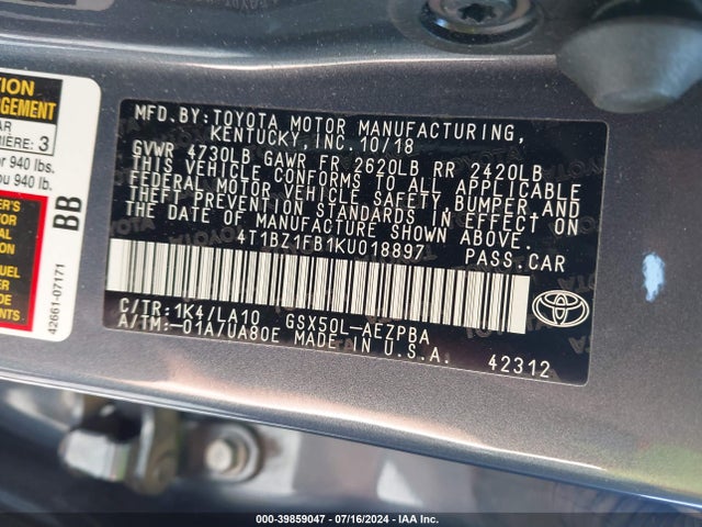 Toyota AVALON LIMITED 2019 4T1BZ1FB1KU018897 Image 9