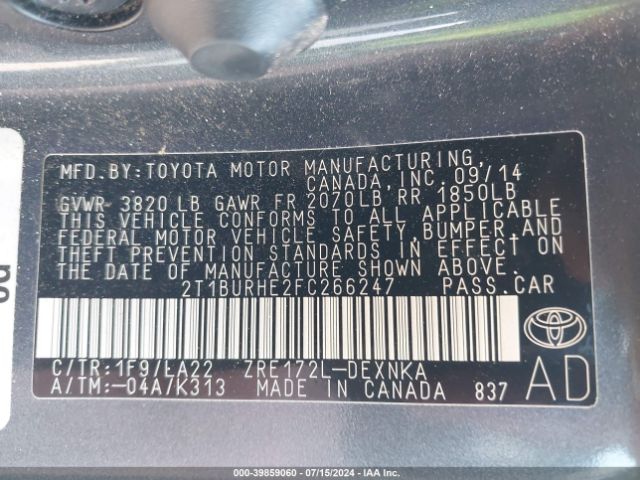 2T1BURHE2FC266247 Toyota Corolla Le Premium