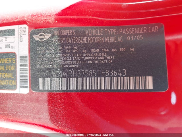 2005 MINI COOPER S WMWRH33585TF83643 Photo 8