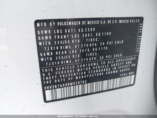 3VV2B7AX8RM028762 Volkswagen Tiguan 2.0t Se